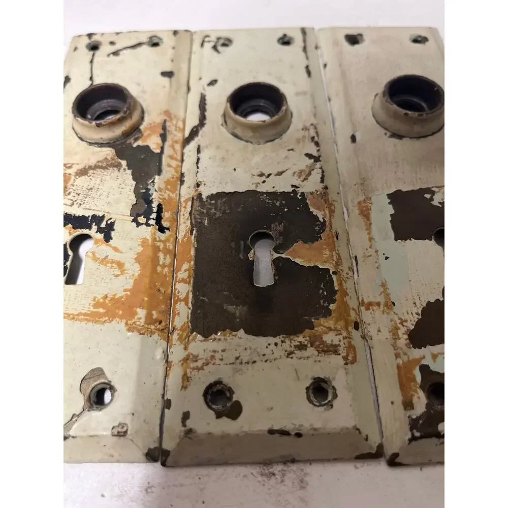 Lot of 3 Vintage Antique White Door Metal Backplates Escutcheon Chippy Paint